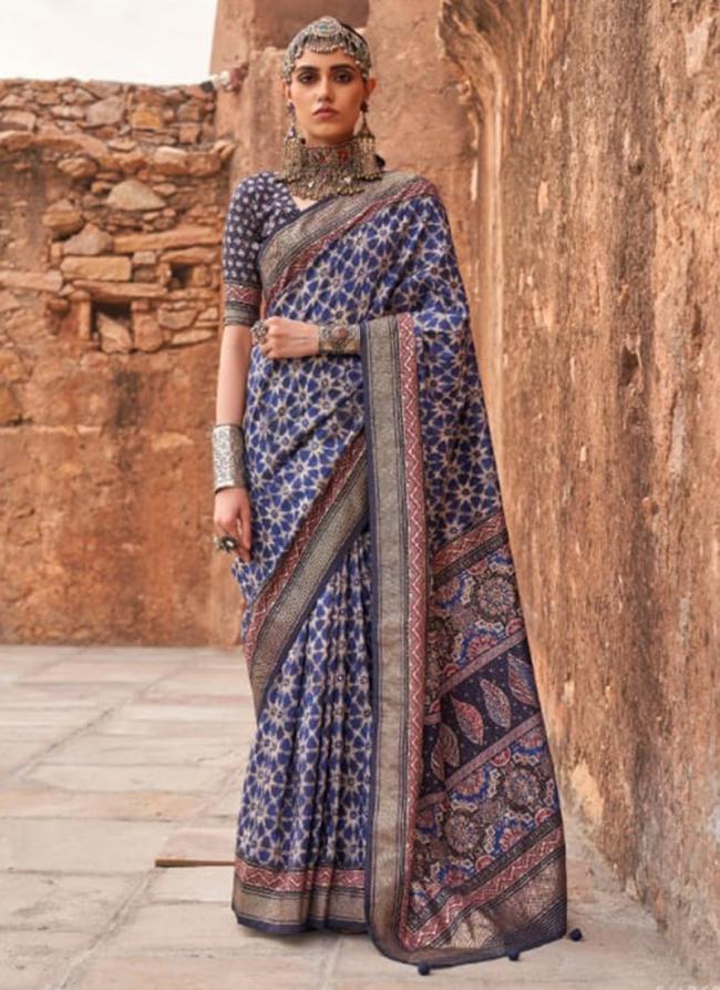 Viscose Silk Blue Traditional Wear Kalamkari Print Saree